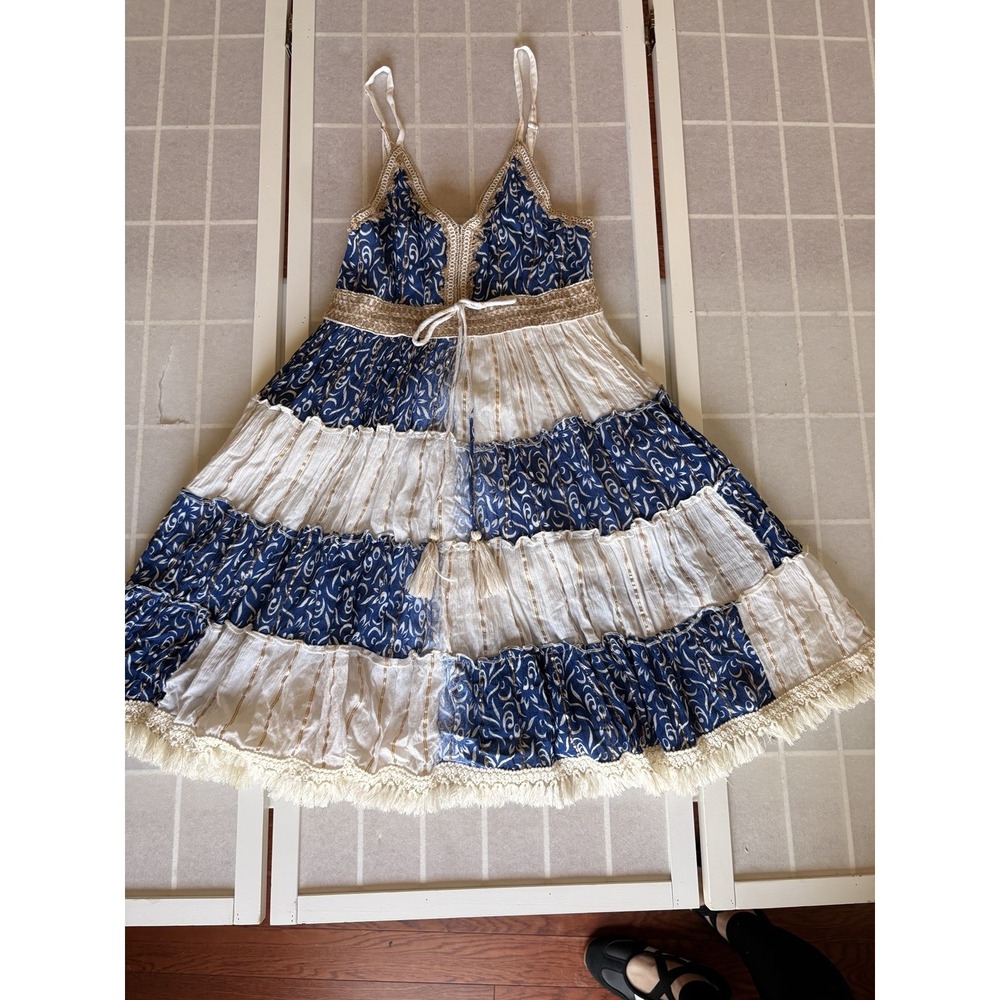 Ananta Blue White Gold Patchwork Tiered Midi Sundress S/M Boho Festival Folk